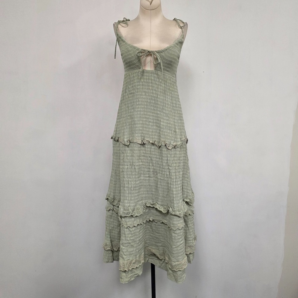 Tularosa Frankie Midi Dress Size XS Tiered Smocked Green Fairy Grunge Boho Bow - Picture 1 of 13